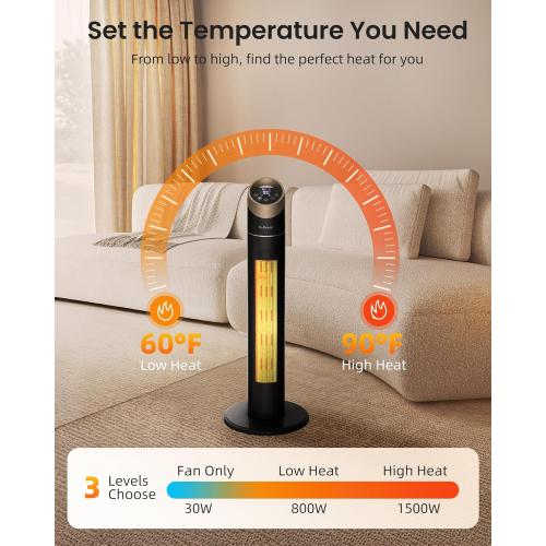 Space Heater for Indoor Use, 34 Space Heater for Large Room, 1500W Tower Heater with Remote, Adjustable Thermostat, 12H Timer, 70° Oscillation, Overheat & Tip-Over Protection, Black