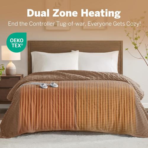 Serta Electric Blanket, Soft, Ribbed, Plush Heating Blanket King for Office, Couch, 1-12 hr Auto Shut Off Timer, 10 Lv Heating, ETL Certified, King 100x90 Chestnut Brown