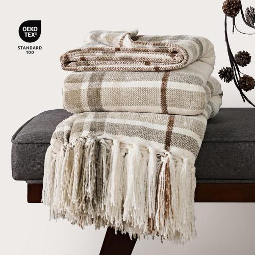 EVERGRACE Plaid Chenille Throw Blanket for Couch, Super Soft Cozy Decorative Farmhouse Plaid Throw with Tassels, Lightweight Chenille Knit Throw for Bed Sofa Gift Home Decor, Beige 50”x60”