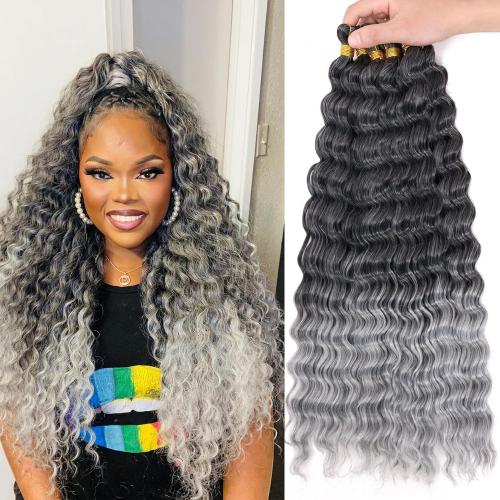Eerya Ocean Wave Crochet Hair 18 Inch 6 Packs Deep Wave Crochet Hair for Black Women Synthetic Wavy Curly Braiding Hair for Boho Braids (18 inch,T1B/Grey)