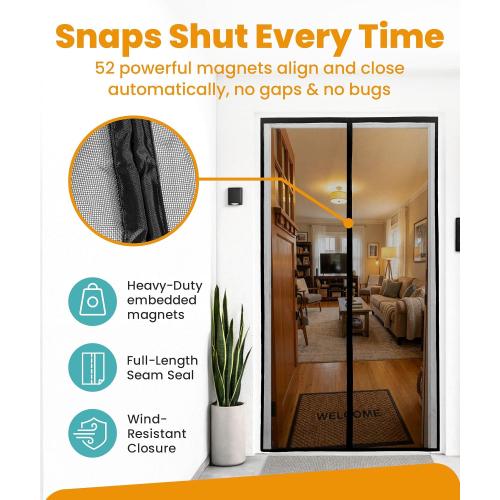 Magnetic Screen Door - Bugs Out, Breeze in - 9min Install Auto-Sealing Heavy Duty Double Stitched Mesh,  Magnets, Hands Free Sliding & Patio Doors Net, Pet & Kid Friendly,