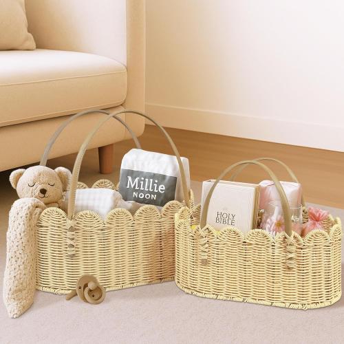 Rattan Picnic Basket with Handle, Wicker Picnic Basket with Scalloped Edge, Garden Harvest Basket, Woven Baskets for Vegetable & Fruit, 2 Pack