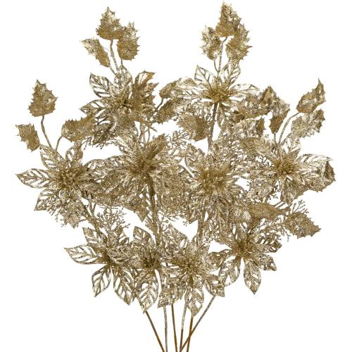 6 Pcs Christmas Tree Picks 25 Inch Glitter Christmas Flowers Poinsettia Glitter Christmas Picks Sprays with Flowers Holly Leaves Pine Needles for Xmas Tree Ornaments Fireplace Wreath - Champagne