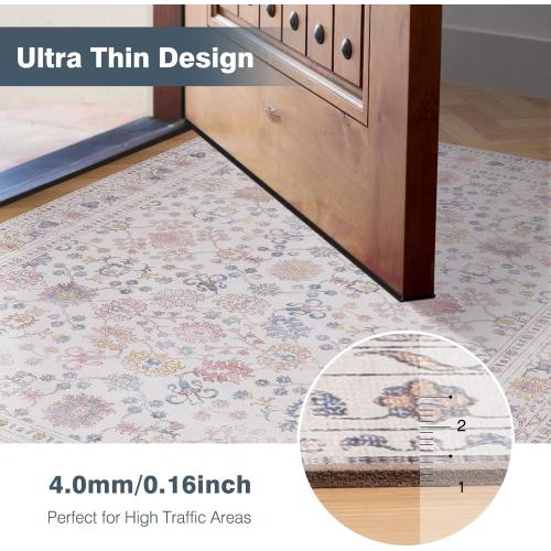 6.5x10 Durable Vinyl Rugs for Living Room, Vintage Floral Pattern for Dining Room, Bedroom, Home Office, Bobo Beige Non-Slip Large Rugs for Indoor&Outdoor RV, Deck, Backyard, Balcony,Modern Home Decor