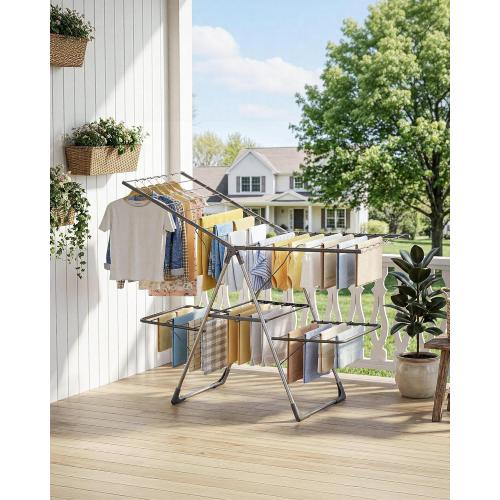 Sakugi Clothes Drying Rack, Foldable 2-Level Laundry Drying Rack with Height-Adjustable Wings, for Clothing & Bedding, Free-Standing Space-Saving Rack, Indoor & Outdoor, 55.5 L × 22.8 W, Gray