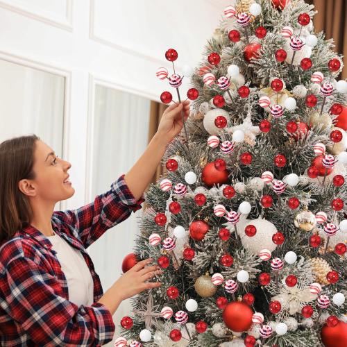 8 Pcs Red and White Christmas Tree Picks 14'' Candy Cane Tree Picks Ornaments Peppermint Christmas Decoration Glitter Berry Stems with Balls for Xmas Wreath Crafts Holiday Vase Fillers Decor