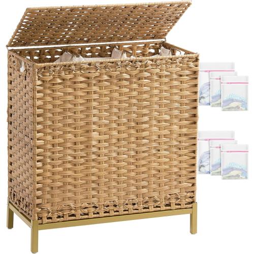 SETVSON Laundry Hamper with Lid 132 L, (35 Gallons) Clothes Hamper with Lid, Handwoven Rattan Laundry Hamper with Metal Heightened Feet, Laundry Hampers with 3 Removable Liner Bags for Laundry-Natural