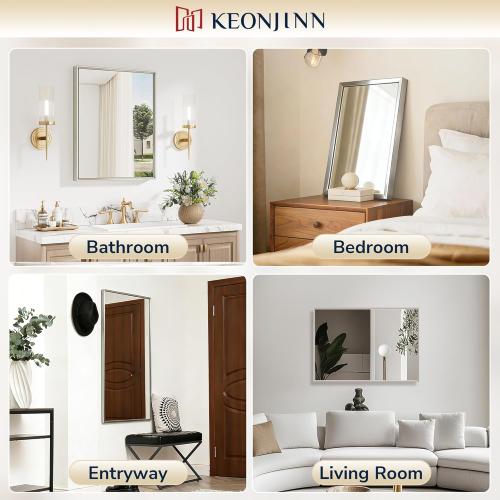 Keonjinn 24 x 30 Inch Brushed Nickel Bathroom Mirrors for Over Sink, Beveled Rectangle Framed Mirrors for Wall, Farmhouse Bathroom Vanity Mirror, Tempered Glass, Square Corner