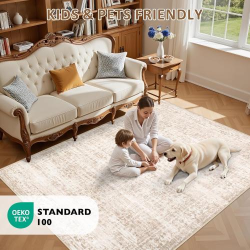 Area Rugs Living Room Rug: Washable Vintage Boho Rug No Slip Stain Resistant Soft Carpet Indoor Floor Floral Large Carpets for Bedroom Dining Room Farmhouse Nursery Hallway Home Office Beige