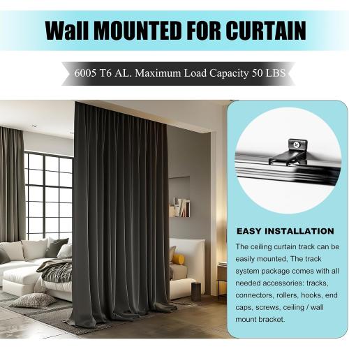 Ceiling Curtain Track, Ceiling Wall Mount Room Divider Curtains Track Rods Heavy Duty Ceiling Track Curtain Rail, RV Ceiling Track for Curtains with Rollers Hooks Clips for 6-9ft, White