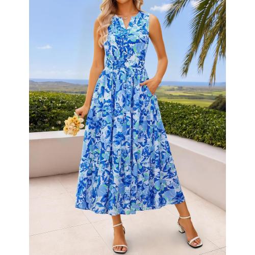 Size L...ZESICA Women's Summer Boho Floral Sleeveless Midi Dress 2026 V Neck Elastic High Waist Flowy Casual Beach Long Dresses