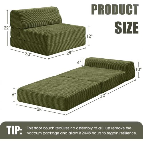 Kasunpul Folding Sofa Bed with Pillow, Memory Foam Fold Out Chair Bed, Convertible Sleeper Chair with Washable Cover, Futon Floor Couch for Living Room/Dorm/Guest Use/Home Office/Apartment, Green