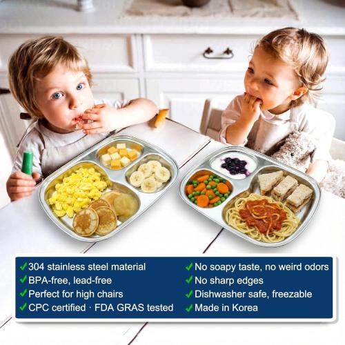 Korean Stainless Steel Divided Plates for Toddlers, Kids, Babies, Premium 304, Electro-Polished, No Black Residue, BPA-Free, 3-Compartment Plate, Food Tray for Camping, Balanced Meals, Set of 2