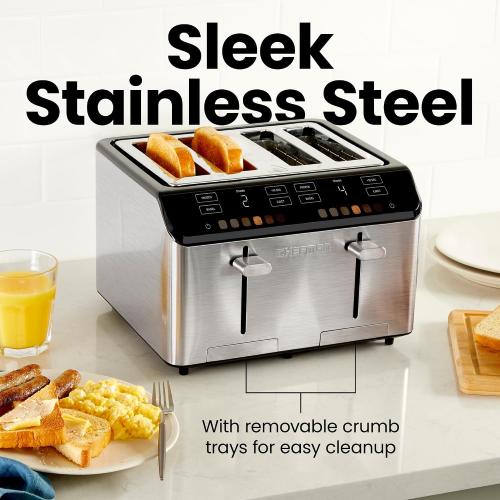 ‼️item may come with stains ‼️and missing pieces ‼️Chefman Smart Touch 4 Slice Digital Toaster, 6 Shade Settings, Touchscreen Bagel Toaster 4 Slice with Extra-Wide Slots,  10 Seconds, Defrost, Removable Crumb Tray – Stainless Steel
