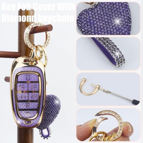 Key Fob Cover with Diamond Keychain Fit for Hyundai Car Key Holder Case Compatible with Hyundai 2024 2023 2022 Sonata Santa Fe Nexo Tucson Palisade Key Protector, 7 Buttons (Purple-Heart)