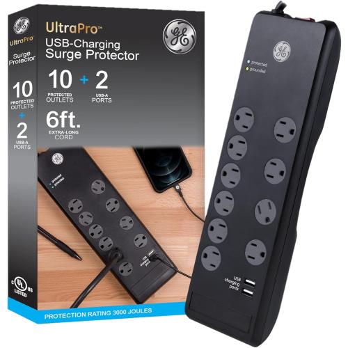 GE UltraPro 10-Outlet Surge Protector, 2 USB Ports, 6 Ft Power Cord, 3000 Joules, Flat Plug, Twist to Close Safety Covers, Power Filter, Circuit Breaker, Warranty, UL Listed, Black, 14096