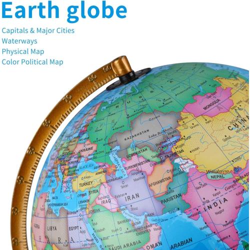 Illuminated World Globe for Kids & Adults All Ages with Wooden Stand 7 in 1- Night View Stars Map Constellation Globe with Detailed Colorful World,Built-in LED Bulb, Educational Gift