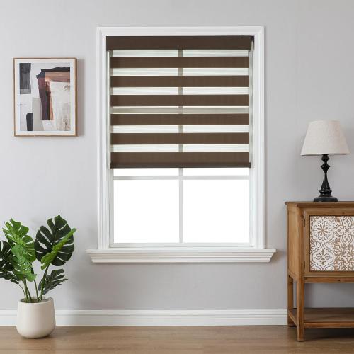 Joydeco No Drill Zebra Blinds for Windows, Cordless Day & Night Dual Sheer Roller Shades, Easy Installation, Free-Stop Lift System, Light Filtering Privacy Blinds for Home(Coffee,35 W x 75 H)
