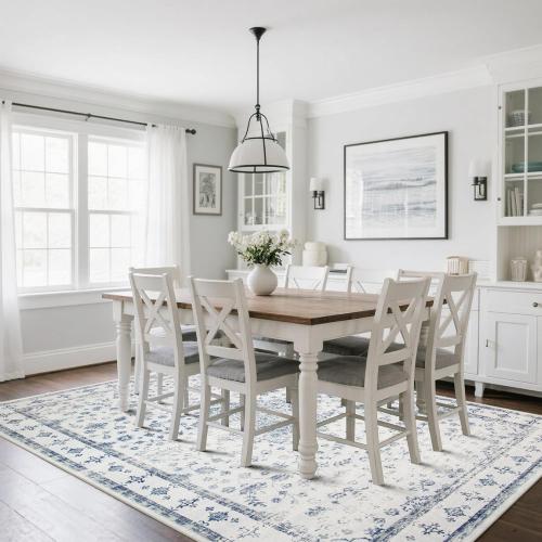 Srugn Washable Rugs 8x10 Area Rugs for Living Room,Rugs for Bedroom,Large Carpets,Ultra Soft Faux Wool Retro Dining Room Rug,Non Slip&Non-Shedding Low Pile Vintage Print Rug for Home Office-Blue