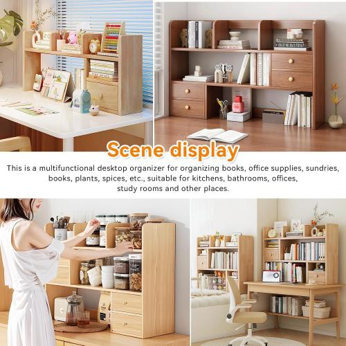 Desk Hutch, Wood Desktop Shelf Organizer with Cubby & Drawer for College Dorm Room, Office Desk Top Bookshelf for Storage