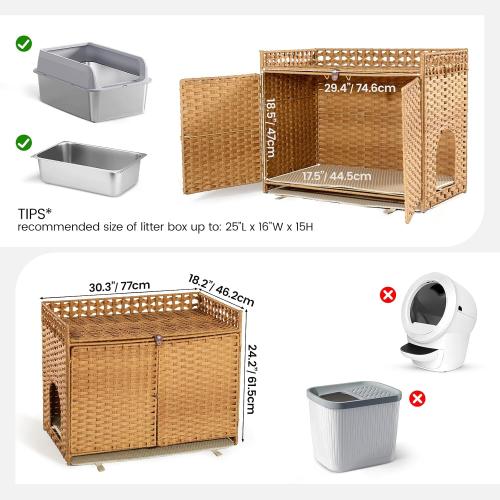 Furriends Cat Litter Box Enclosure with 2 Mats, Handwoven Rattan Hidden Litter Box Furniture Large 30.3”L x 18.2”W x 24.2”H, Double as Indoor Cat House or Side Table for Living Room Hallway, Tan