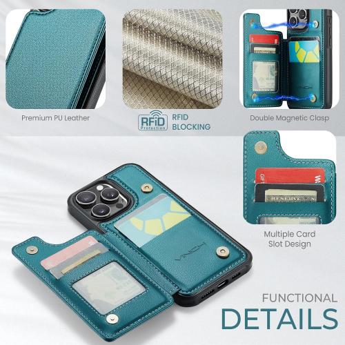 Compatible with iPhone 16 Pro 6.3 Wallet Case with Card Holder RFID Blocking for Women Men, Double Magnetic Clasp Kickstand Shockproof Phone Case Fit for iPhone 16 Pro, Bluish Green