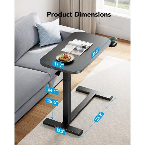 HUANUO 32Inch Bedside Table with Wheels, Height-Adjustable Rolling Computer Cart, Overbed Table with Cup Holder, Pneumatic Laptop Standing Desk for Home Office, Black