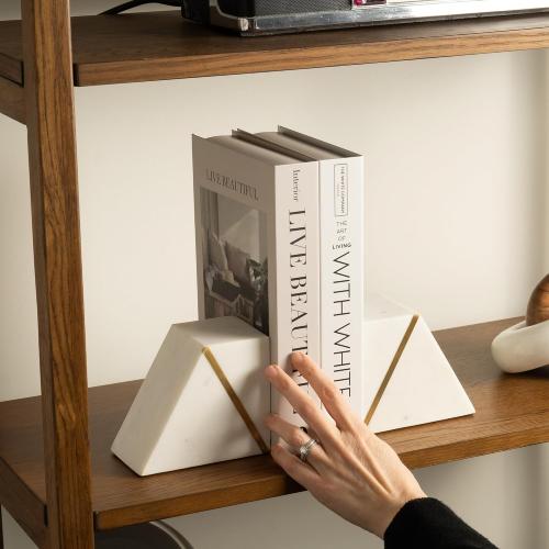 2 Pack White Marble and Gold Cork & Mill Marble Book Ends for Shelves, Decorative Bookends for Heavy Books, Unique Mid Century Modern White and Gold Bookends with Brass Inlay, Heavy Duty Bookshelf Stopper, Set of 2