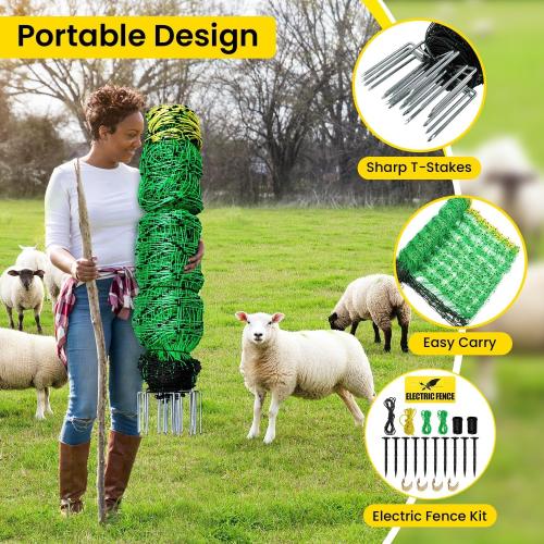 Electric Fence Netting, 42.6 H x 164'L Electric Anti-Predator Poultry Fence, PE Net Fencing Kit with 14 Posts Double Spiked, Movable Livestock Nets for Sheep, Hogs, Cattle and Other Big Poultry