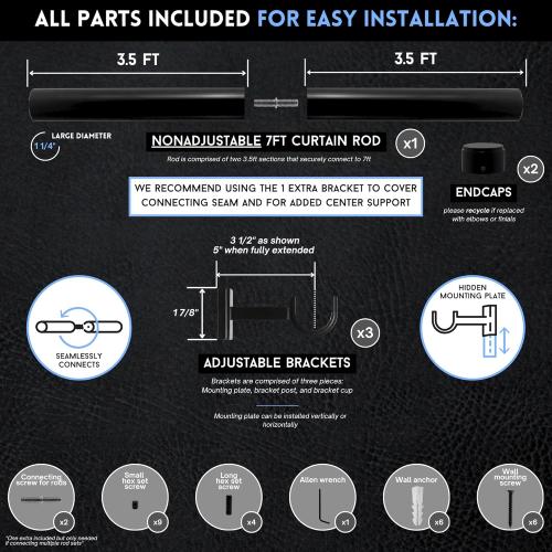 BlastHome® Non-Adjustable Luxury Curtain Rods for Windows, 1 ¼” Rod Set, 7 foot Fixed Length (Two Rods Connect for a Seamless Look), Tuxedo Black