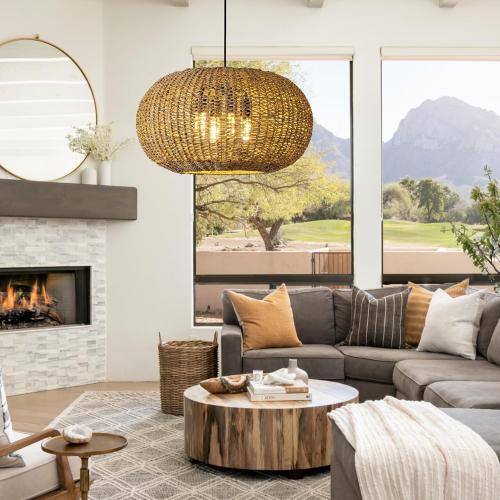 22.83in Large Rattan Chandelier Wicker Hand-Woven Pendant Light | Boho Light Fixture Farmhouse Ceiling Hanging Lighting for Living Room Kitchen Island Dining Room Hallway, 4-Lights