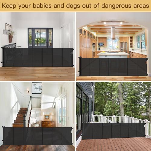 Reinforced 200 Inch Extra Wide Retractable Baby Gates to Prevent Crawling Through, Indoor/Outdoor Baby Gates for Decks, 16 ft Mesh Retractable Fence/Barrier/Blocker/Screen Gate for Garage, Black