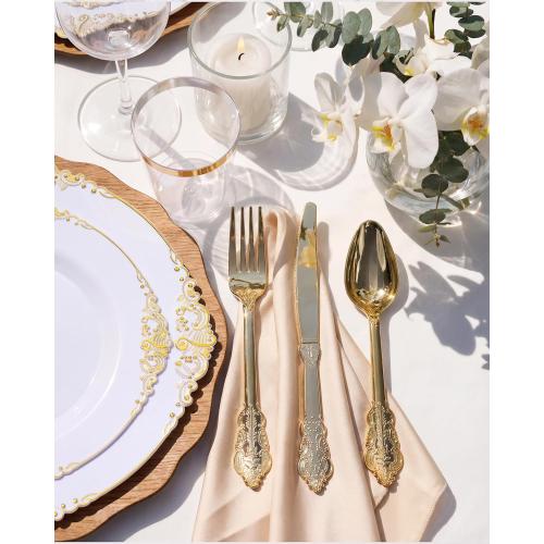 Nervure 350PCS Gold Plastic Plates - Gold Plastic Dinnerware Sets for 50 Guests - 100 Disposable Plates, 150 Silverware, 50 Cups, 50 Napkins for Wedding & Party