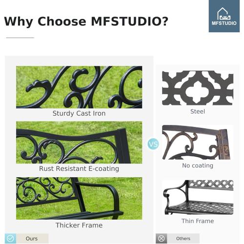MFSTUDIO 50 Inches Outdoor Garden Bench, Cast Iron Metal Frame Patio Park Bench with Floral Pattern Backrest, Arch Legs for Porch Lawn Garden Yard(Black)