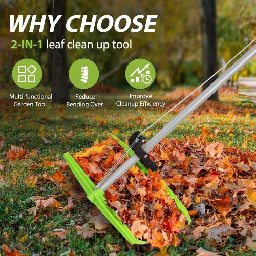 2-in-1 Leaf Grabber Rake, Back Saving Leaf Collector Tool with Long Handle, Efficient Leaf Picker Upper Grabber, Leaves Pickup Shovel for Lawns Yard Work Gardening