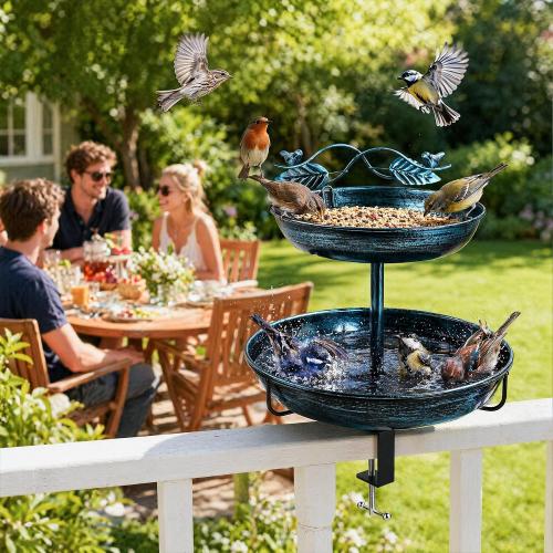 2 in 1 Deck Bird Bath & Feeder for Railing, Metal Birdbath & Birdfeeder with Adjustable Clamp, Detachable Bird Baths Water Bowl, Rustproof Wild Bird Balcony Patio Yard Garden Decor (Lake Blue)