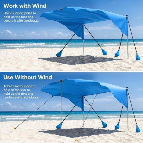 MoKo Beach Shade Canopy, 100 Sq.Ft. Wind-Supported Sunshade Sail for 4-6 People, Lightweight Easy Setup Beach Tent with UPF 50  Sun Protection for Family Travel Coastal Trips, Blue
