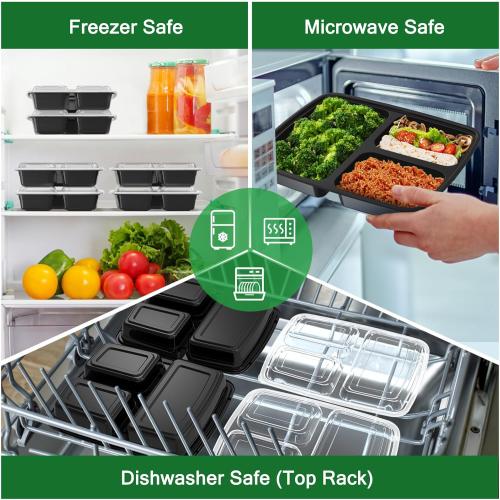 50 Pack (100-Piece) 32 oz Meal Prep Containers Reusable with Lids 3-Compartment, To Go Take Out Plastic Food Storage Containers, Sturdy Leakproof Food Safe, Microwave Freezer Dishwasher Safe, Black