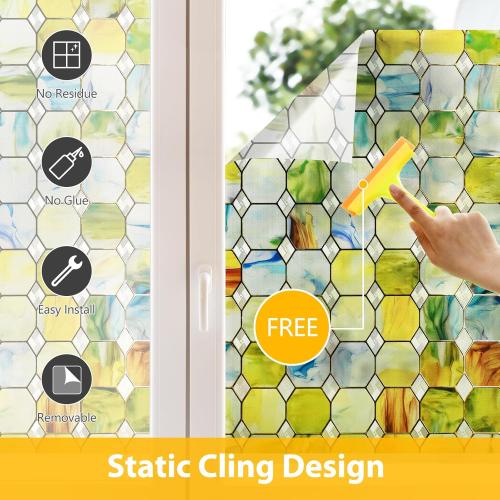3D Stained Glass Window Film, Decorative Window Privacy Film for Bathroom,Front Door,Home, Sun Blocking Heat Control,Static Cling, Eternal Prism 23.6inch x 35.4inch