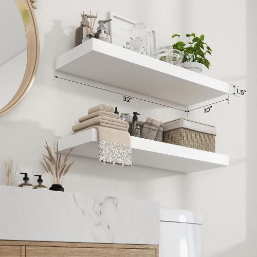 32x 9.3x1.5 inch set of 2 white  Floating Shelves for Wall, 2 Pack Shelves for Bedroom, Bathroom, Kitchen, Hanging Wall Mounted Rustic Wood Shelf with Invisible Brackets for Books Decor, White
