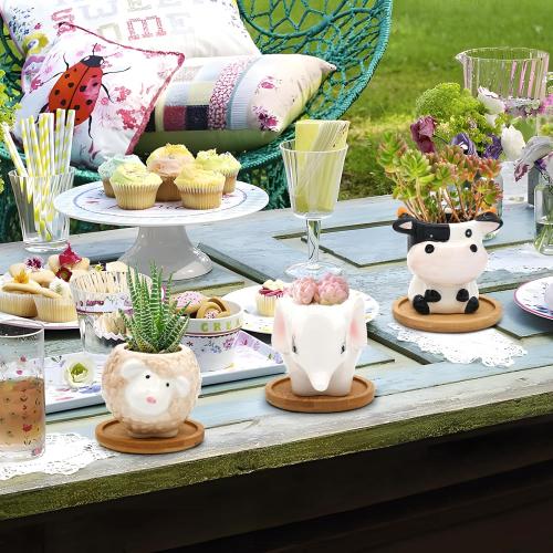 Small Ceramic Succulent Pots - 6 Pack 3 Cartoon Animal Shape Planters Indoor & Outdoor with Drain Holes and Bamboo Tray for Succulents, and Herbs