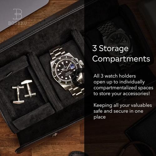BOSHKU Leather Watch Roll Travel Case – Watch Travel Case for Men – Travel Watch Cases for Men – 3 Watch Case Travel – Black Watch Roll Case – Leather Watch Case Travel – Watch Leather Travel Case