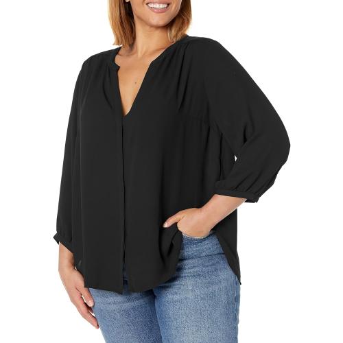 Size XL NYDJ Women's Plus Size Three-Quarter Sleeve Pintuck Blouse | Classic Lightweight Top, Black