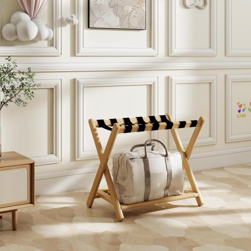 Luggage Rack, Foldable Suitcase Stand with Storage Shelf and 5 Heavy-Duty Straps, Bamboo Luggage Holders for Guest Room, Bedroom and Hotel - Natural