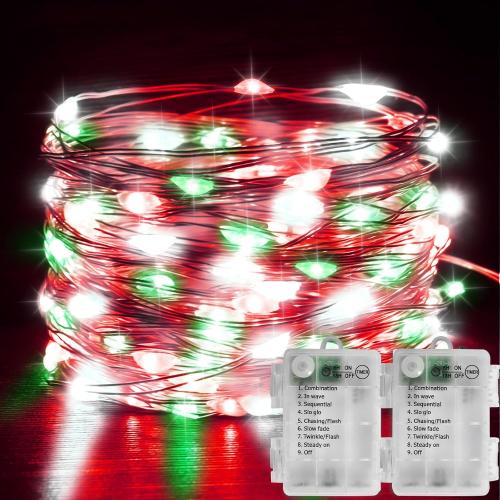 Yayfazy Christmas Lights Indoor Battery Operated, Red White Green Mini Copper Fairy Lights, 2PACK Total 200LED 65.6Ft 8 Mode Lights for Bedroom, Christmas Tree, Table
