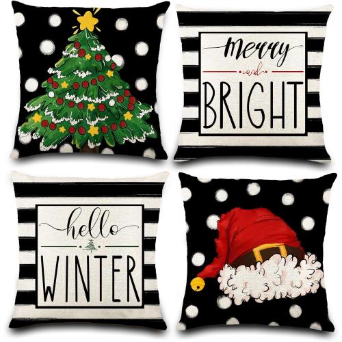 DIYDEC 4PCS Christmas Pillow Covers 18x18 inch Hello Winter Merry Bright Throw Pillow Covers Xmas Tree Hat Black White Striped Dot Decorations Cushion Case for Couch Sofa Outdoor Indoor Home
