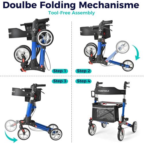 Double Folding Rollator Walker for Seniors - Lightweight Aluminum Frame with 300 lb Capacity, 8 All-Terrain Wheels, 6-Level Adjustable Height Rolling Walker with Travel Bag - Blue