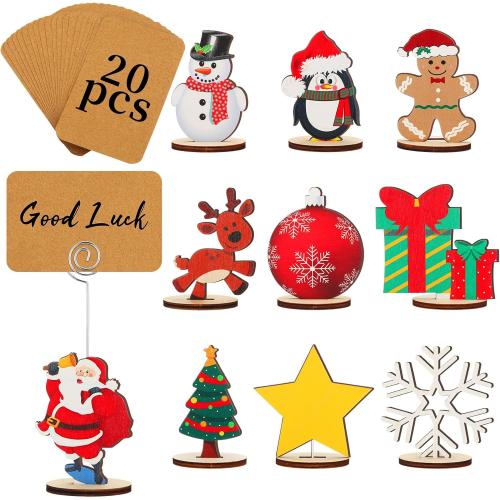 20 Pcs Christmas Wood Place Card Holders Stand Display and 20 Kraft Place Cards Santa Snowman Elk Number Name Photo Picture Clip Holder for Xmas Party Table Decoration(Christmas)