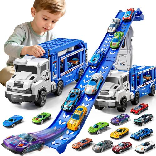 3-in-1 Kids Carrier Truck Toy Car Tracks for Toddlers 2-4 Years Old with 12 Racing Cars Toys, Foldable Chasing Race Track and Car Garage, Car Ramps Birthday Gift for Boys Girls 3-5 4-8(Blue)