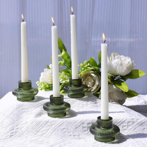 VOHO Green Candle Holder Decor for Dining Table Centerpiece, Ribbed Taper Candle Holders Versatile for Candle Sticks and Tea Lights Candles, Holiday Candlestick Holders Gifts for Friends(Set of 4)